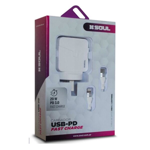 CARGADOR 220V. SOUL FAST CHARGE USB + USB C C/CABLE TC A IPHONE