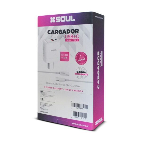 CARGADOR 220V. SOUL CARGA INTELIGENTE TIPO C A TIPO C CVJ-PDQCT(1USB+USB-C )