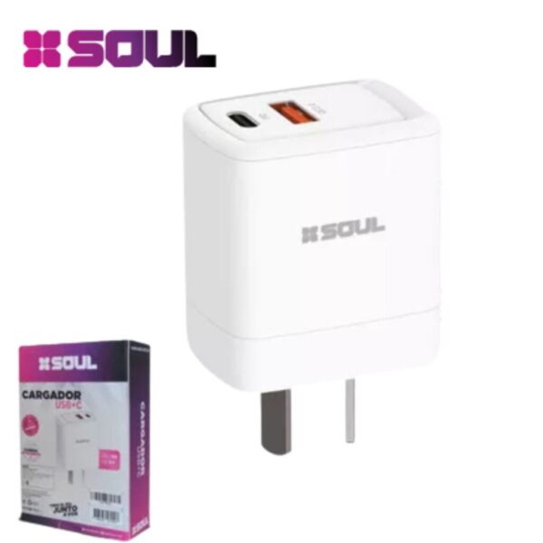 CABEZAL 220V. SOUL CARGA INTELIGENTE 20W. (USB+ USB-C)